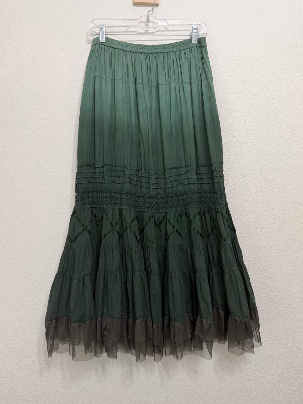 Vintage Crinkle Gauzy Boho Fairy Ombre Tiered Midi Skirt Large